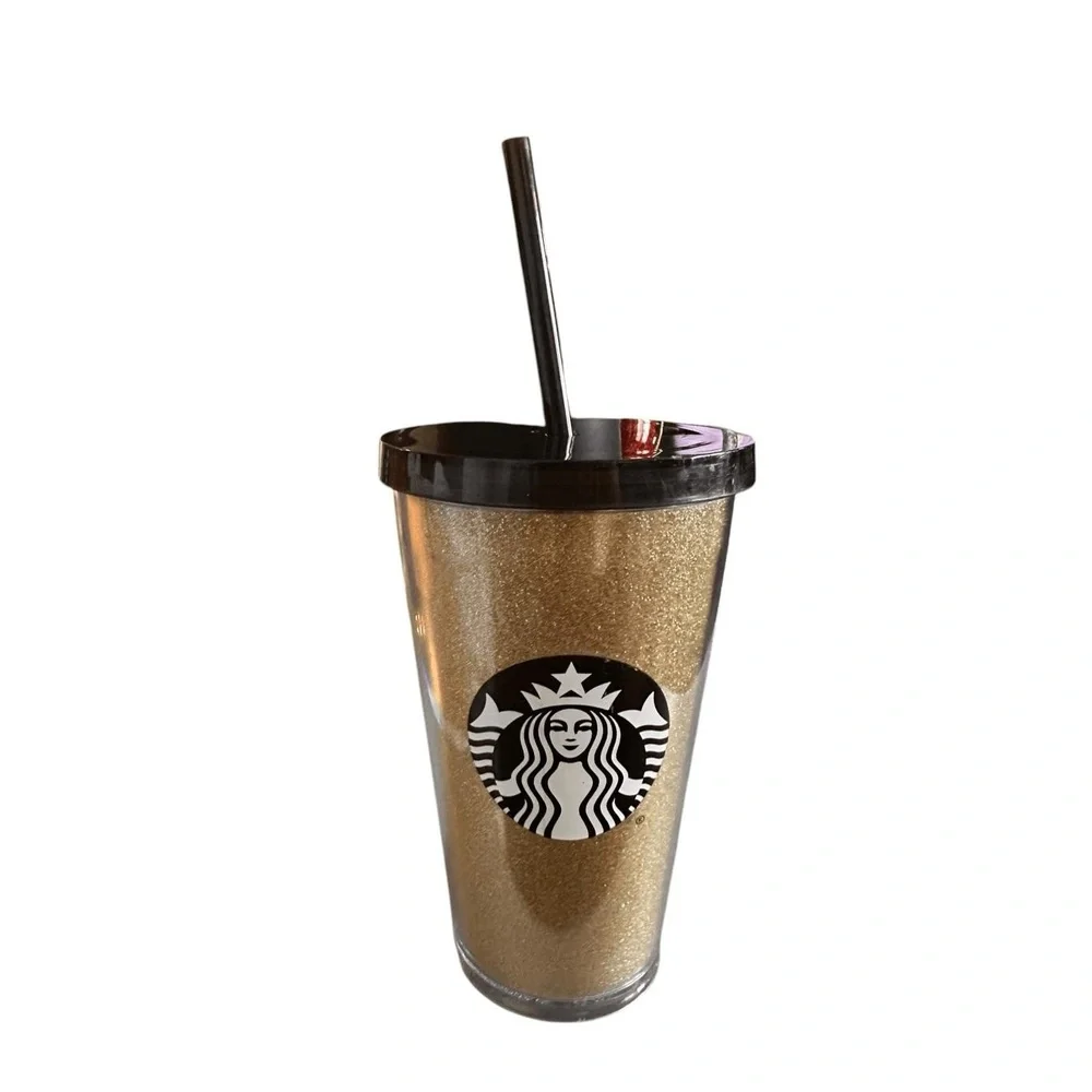 Starbucks Gold Glitter Cold Cup w/Black Logo Acrylic Tumbler - 16oz  ***Item: HH
